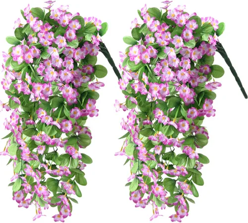 Vista 7 de Flores artificiales colgantes falsas para decoración de otoño al aire libre, 2 piezas de seda sintética violeta, aspecto resistente a los rayos UV A