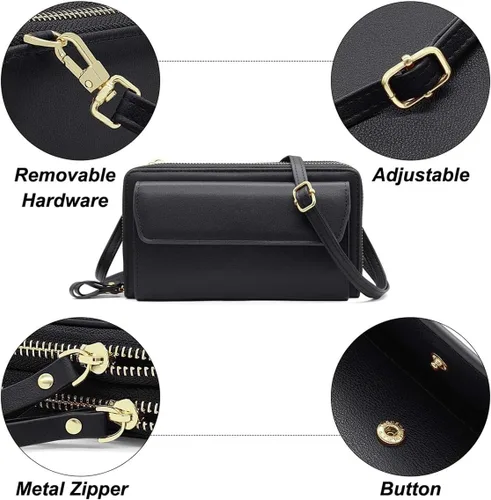 Vista 5 de Cartera de cuero para mujer con doble cremallera y correa para el hombro