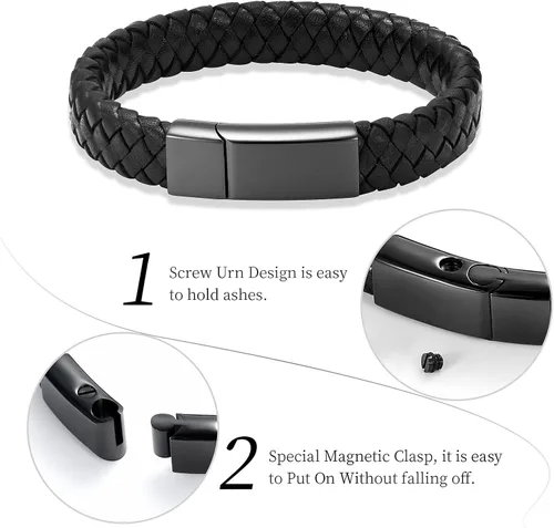 Vista 3 de Oinsi Pulseras de cuero para cremación para mujeres y hombres, pulsera trenzada de 0.472in, urna conmemorativa, regalos de joyería con cierre