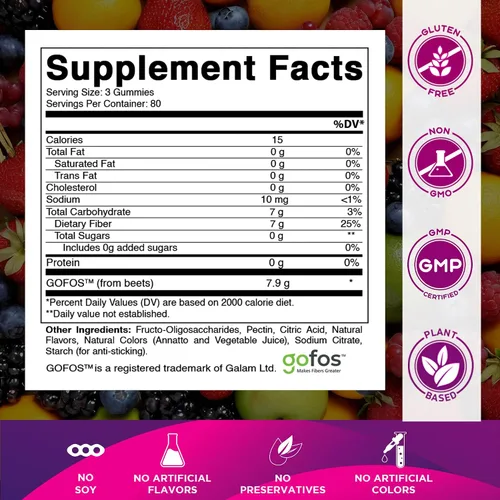 Vista 2 de Vitamatic Gomitas de fibra prebiótica para adultos, 7G de fuerza extra, sin azúcar añadida, 240 gomitas a base de pectina, apoyo para la salud