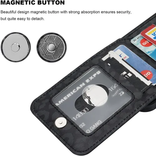 Vista 7 de Vaburs Funda compatible con iPhone 12 y iPhone 12 Pro con tarjetero de crédito, diseño de leopardo negro, cierre magnético de piel sintética de alta