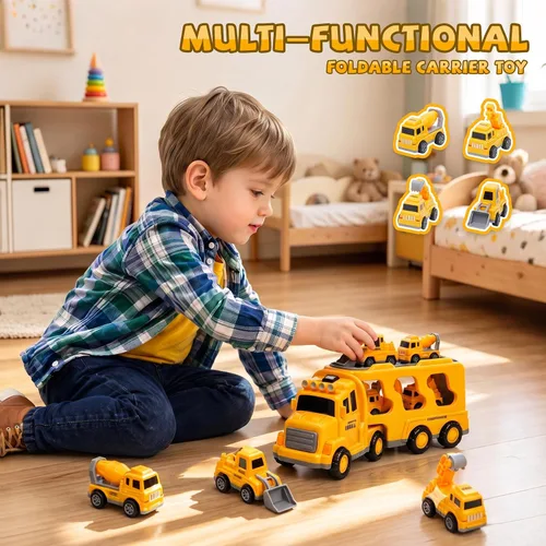 Vista 3 de 5 in 1 Construction Truck Toys for Toddlers 3-5, Carrier Transport Trucks