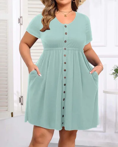 Vista 19 de Holipick Vestidos de verano para mujer, talla grande, casual, con bolsillos, acampanado, con botones, sin mangas, cuello en V