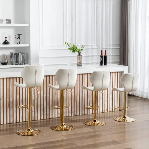 Vista 4 de Juego de 4 taburetes de bar color beige, sillas giratorias de altura de mostrador con respaldo de terciopelo, taburetes de isla de cocina para bar