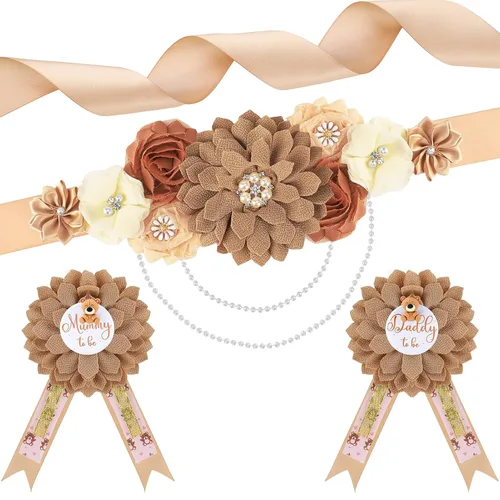 Vista 6 de Ovveroche Banda de maternidad de oso de peluche para mamá para ser papá para ser papá para ser ramillete, banda de flores para baby shower, vestido