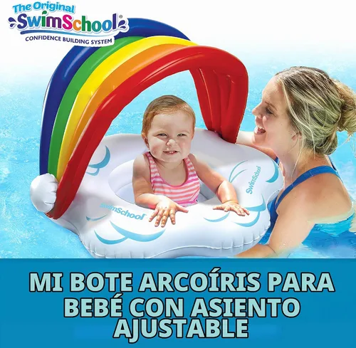 Vista 2 de SwimSchool Rainbow Baby First - Flotador de piscina para bebés de 6 a 18 meses, barco para bebé con asiento ajustable, arcoíris