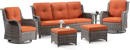 Vista 18 de Juego de 2 sillas de patio giratorias de 360 grados para exteriores y mesa auxiliar a juego – 3 sillas deslizantes de mimbre para patio con cojines