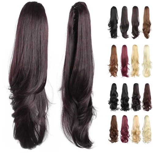 Vista 12 de Extensiones de cola de caballo, extensiones de cabello de cola de caballo con clip de garra marrón oscuro para mujer, pieza de cabello rizado