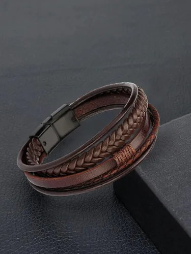 Vista 4 de Pulseras de cuero para hombre, pulseras de cuero trenzado multicapa con cierre magnético, pulsera ajustable para niños