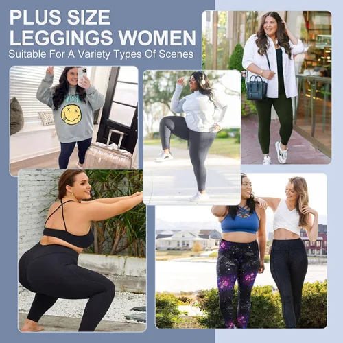 Vista 4 de 3 Pack Plus Size Leggings with Pockets for Women - High Waisted Tummy Control Spandex Soft Black Workout Yoga Pants