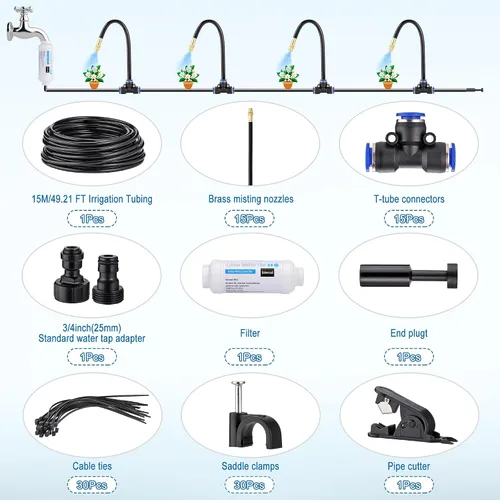 Vista 2 de Kits automáticos de riego por goteo, sistema de riego de jardín, incluye filtro inhibidor de calcio y manguera de riego de 50 pies y 5/16 pulgadas