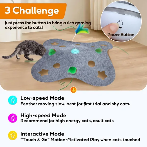 Vista 4 de Giociv Juguetes interactivos para gatos de interior, juguetes de ejercicio giratorio con base de plumas, modo de activación táctil, cubierta