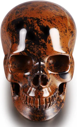 Vista 2 de Skullis Calavera de cristal de obsidiana de caoba de 3.0 pulgadas. Escultura de arte fino de piedra preciosa tallada a mano, estatua de piedra