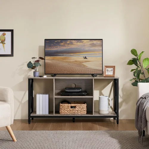Vista 2 de Yaheetech Soporte de TV Industrial para TV de 55 Pulgadas, Mesa de Centro de Entretenimiento y Consola de Medios con Almacenamiento Abierto para Gris