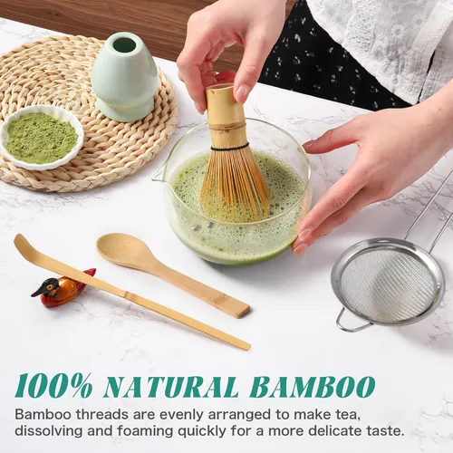 Vista 5 de Juego de batidor de matcha: juego de matcha con batidor de matcha de bambú y soporte de cerámica, cuchara de bambú+cuchara de madera, soporte