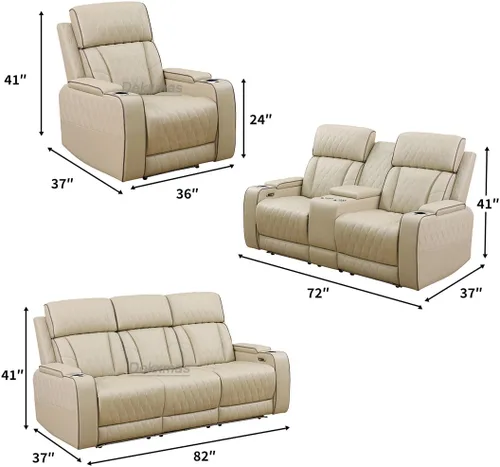 Vista 2 de Juego de sofá reclinable eléctrico, seccional de cuero transpirable beige, juego de muebles de sala de estar, 2 piezas, sofá reclinable eléctrico