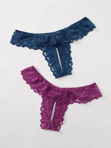 Vista 2 de Floerns Conjunto de 2 tangas de encaje sin costuras en V para mujer, talla grande