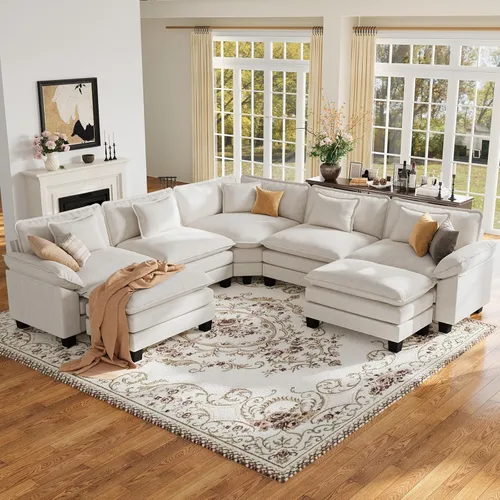 Vista 103 de Sofá modular de gran tamaño de 154 pulgadas, cómodo sofá en forma de U con 3 otomanas móviles, sofá moderno de felpilla de 7 plazas para sala