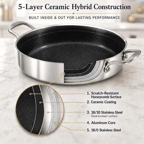 Vista 3 de DELARLO Sartén de tres capas de acero inoxidable de 10 pulgadas Sartén de freír profunda de 3QT con tapa Sartén de saltear con tapa Compatible