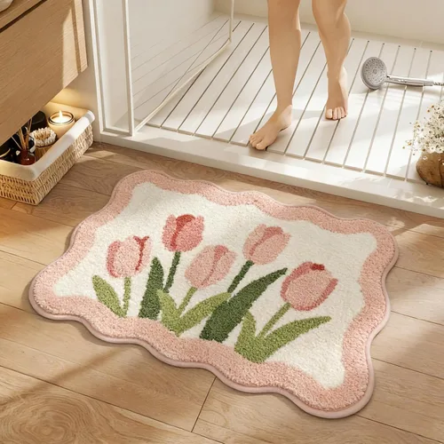 Vista 11 de Tapete de baño con diseño floral, suave, antideslizante, con patrón de flores coloridas, alfombra de baño de microfibra ultra absorbente, lavable a