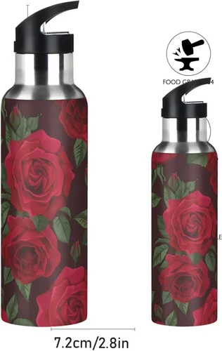 Vista 2 de Botella de agua con mango de pajilla, rosa roja aislada al vacío, termo de acero inoxidable, botella de agua, a prueba de fugas, taza de café