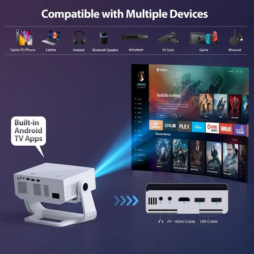 Vista 4 de Proyector con WiFi y Bluetooth, más de 1000 aplicaciones instaladas, enfoque electrónico y Keystone automático, zoom, nativo 1080P 650 ANSI