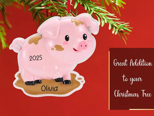 Vista 5 de Adorno de Navidad personalizado de cerdo 2026 Cerdito en el charco, animal de granja de granero, decoración de árbol de Navidad de cerdo y cerdo