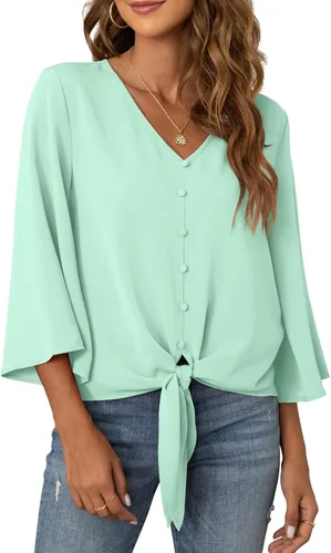 Vista 29 de VIISHOW Blusas de verano para mujer, con botones, cuello en V, de gasa, mangas acampanadas de 3/4, con nudo, casuales 01 Blanco