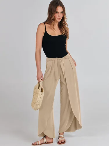 Vista 8 de ANRABESS Pantalones de verano de pierna ancha para mujer, con lazo frontal, holgados, de cintura alta, casual, con abertura, estilo bohemio, palazzo