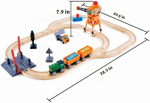 Vista 3 de Hape Juego de cruces y grúas Juego de carga ferroviaria de madera de 32 piezas para niños, multicolor