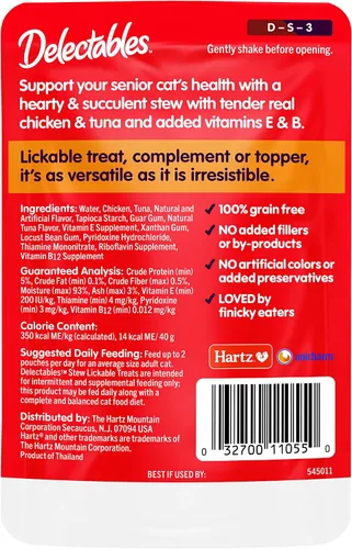 Vista 7 de Delectables Lickable Treat Stew Senior 10+ - Golosina húmeda para gatos con pollo real y atún, adorno para alimentos, hidratante, sin granos, sin