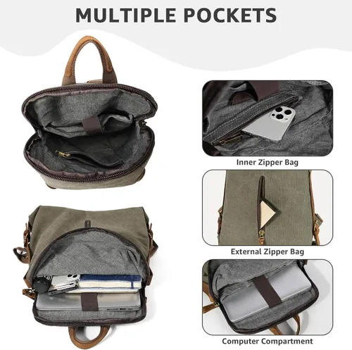 Vista 3 de KL928 Mochila de lona vintage para hombres y mujeres, mochila para laptop, mochila de viaje, bolsa de viaje al aire libre, verde oliva