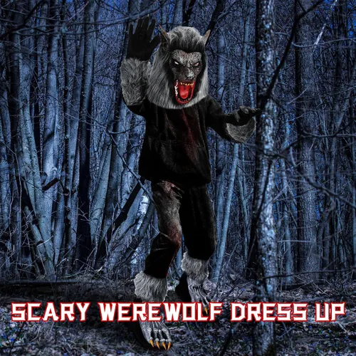 Vista 7 de ramede 3 piezas de disfraz de hombre lobo para Halloween, máscara de cabeza de lobo para adultos, guantes de garras, guantes de hombre lobo