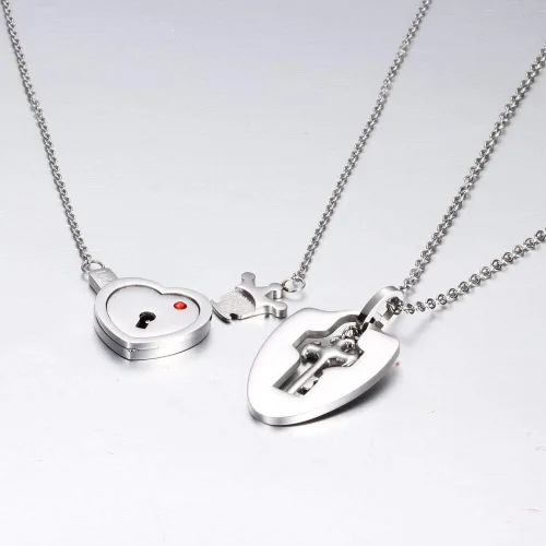 Vista 2 de Vanski Juego de collar de acero inoxidable para parejas con candado de corazón y llave, Metal, Circonia cúbica