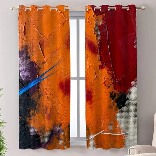 Vista 112 de Shrahala Beige and Orange Abstract Art Brushstrokes Blackout Curtain Tiers, Abstract Oil Paint Kitchen Valance Light Blocking Tier Drapes with Rod