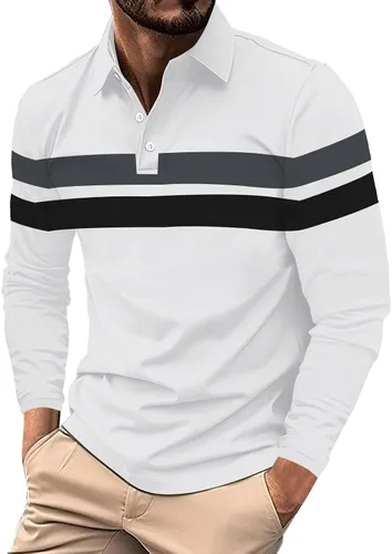 Vista 6 de Camisa polo para hombre, manga larga, cuello abotonado, bloque de color, moda para trabajo y golf