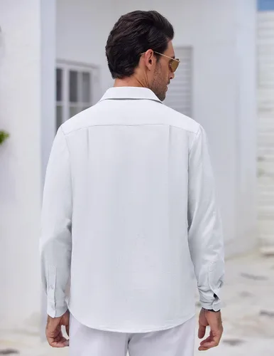 Vista 5 de COOFANDY Camisa cubana de lino guayabera con botones y manga larga para hombre