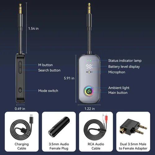 Vista 9 de Transmisor receptor Bluetooth A6 Pro, adaptador de audio inalámbrico 2 en 1 para avión/TV/PC/gimnasio, auriculares de doble enlace, receptor