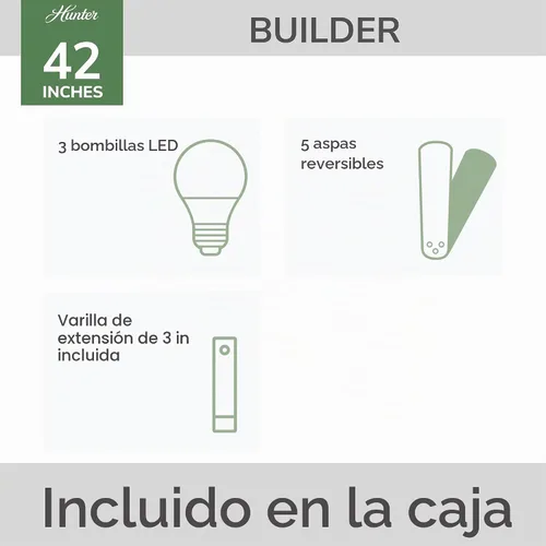 Vista 3 de Hunter Fan Company 52106 Hunter Builder - Ventilador de techo para interiores con luz LED y control de cadena de tracción, 42 pulgadas, acabado