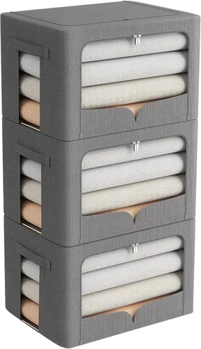 Vista 11 de FHSQX Paquete de 3 contenedores de almacenamiento de ropa plegables con marco de metal, caja de almacenamiento apilable, organizador de tela de lino