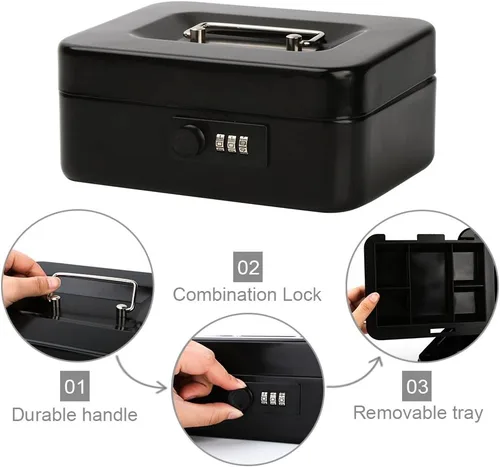 Vista 4 de Decaller Caja de dinero con cerradura de combinación, caja de seguridad de metal pequeña con bandeja de dinero, 7 4/5 x 6 4/5 x 3 3/5 pulgadas