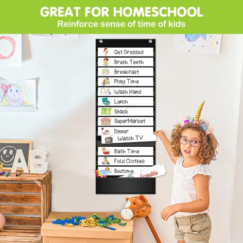 Vista 2 de EAMAY Tabla de bolsillo para horarios diarios, tabla de horarios para profesores con 18 tarjetas personalizadas reutilizables, tabla de bolsillo