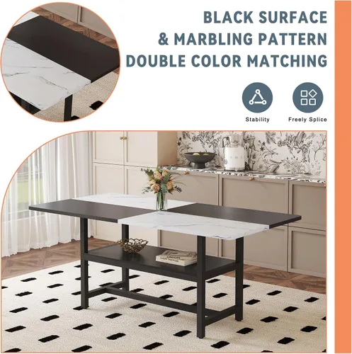 Vista 5 de Juego de mesa de comedor de 71 pulgadas para 6 personas con estante de almacenamiento, juego de mesa de comedor rectangular industrial moderna