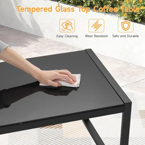 Vista 4 de ONBRILL Mesa de café rectangular con escritorio de vidrio templado, mesa de café para exteriores con marco galvanizado y pies ajustables para patio