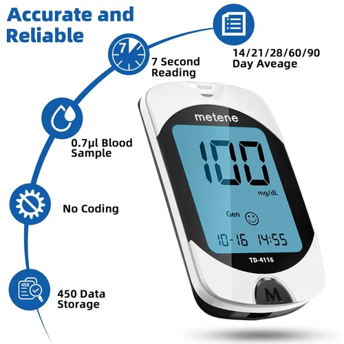 Vista 2 de Kit de monitor de glucosa en sangre Metene TD-4116, 100 tiras de glucómetro, 100 lancetas, 1 monitor de azúcar en sangre, kit de prueba de azúcar