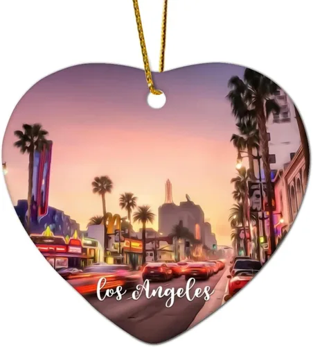 Vista 5 de Escena de la ciudad de Los Ángeles, paisaje urbano, paisaje natural, adorno de corazón, decoración de árbol de Navidad, adorno de Navidad plano