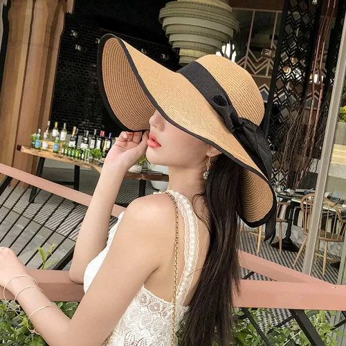 Vista 4 de Women's Folable Floppy Hat,Wide Brim Sun Protection Straw Hat, Summer UV Protection Beach Cap(L)