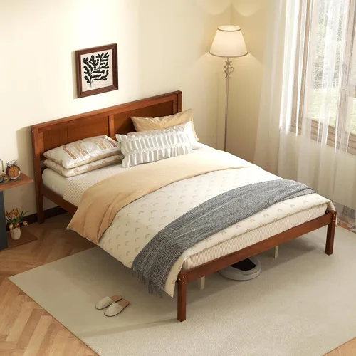Vista 9 de KOMFOTT Base de cama de plataforma de madera de tamaño completo con cabecero, marco de cama de madera de mediados de siglo de 16 pulgadas