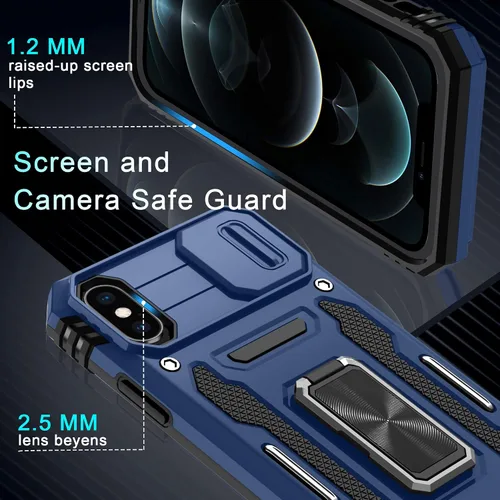 Vista 154 de DEERLAMN Funda para iPhone Xs Max con funda deslizante para cámara + protector de pantalla, soporte giratorio de anillo de grado militar a prueba