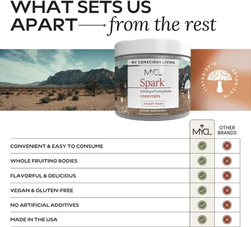 Vista 5 de MYCL Spark Cordyceps - Gomitas de hongos para energía y resistencia - Cuerpos frutales Cordyceps de 500 mg - Gomitas de hongos para adultos y niños